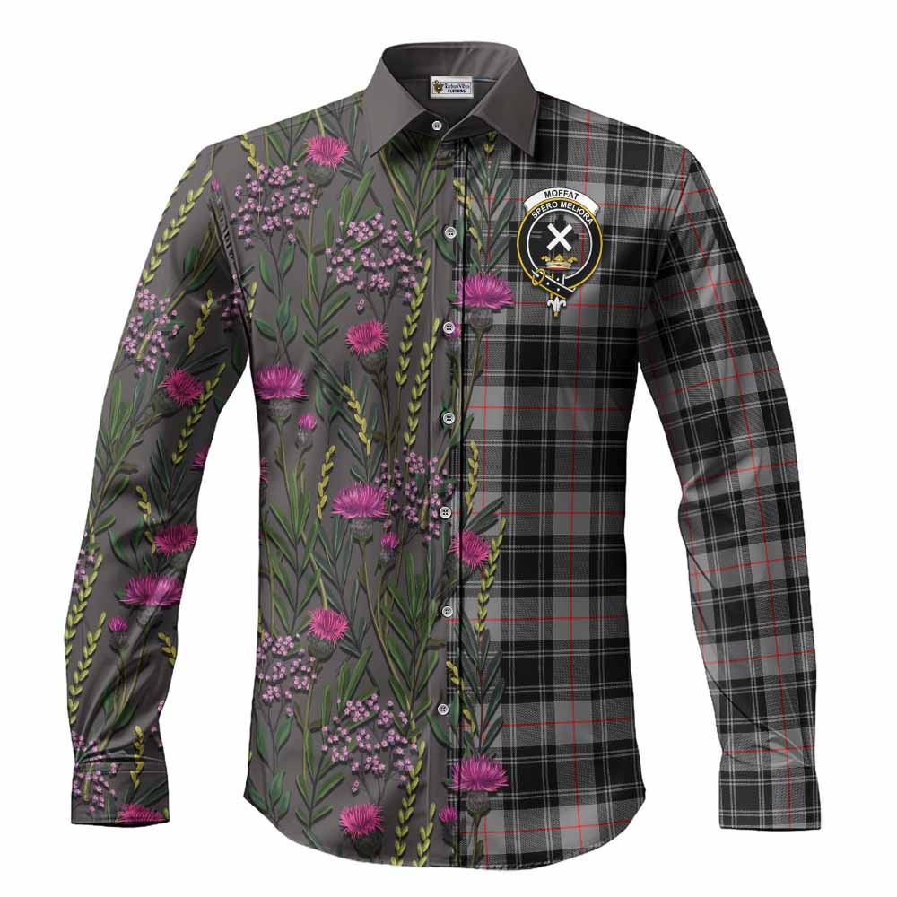 Moffat Family Crest Tartan Long Sleeve Button Shirts Scottish Thistle Flower Pattern Half Style - Tartan Vibes Clothing