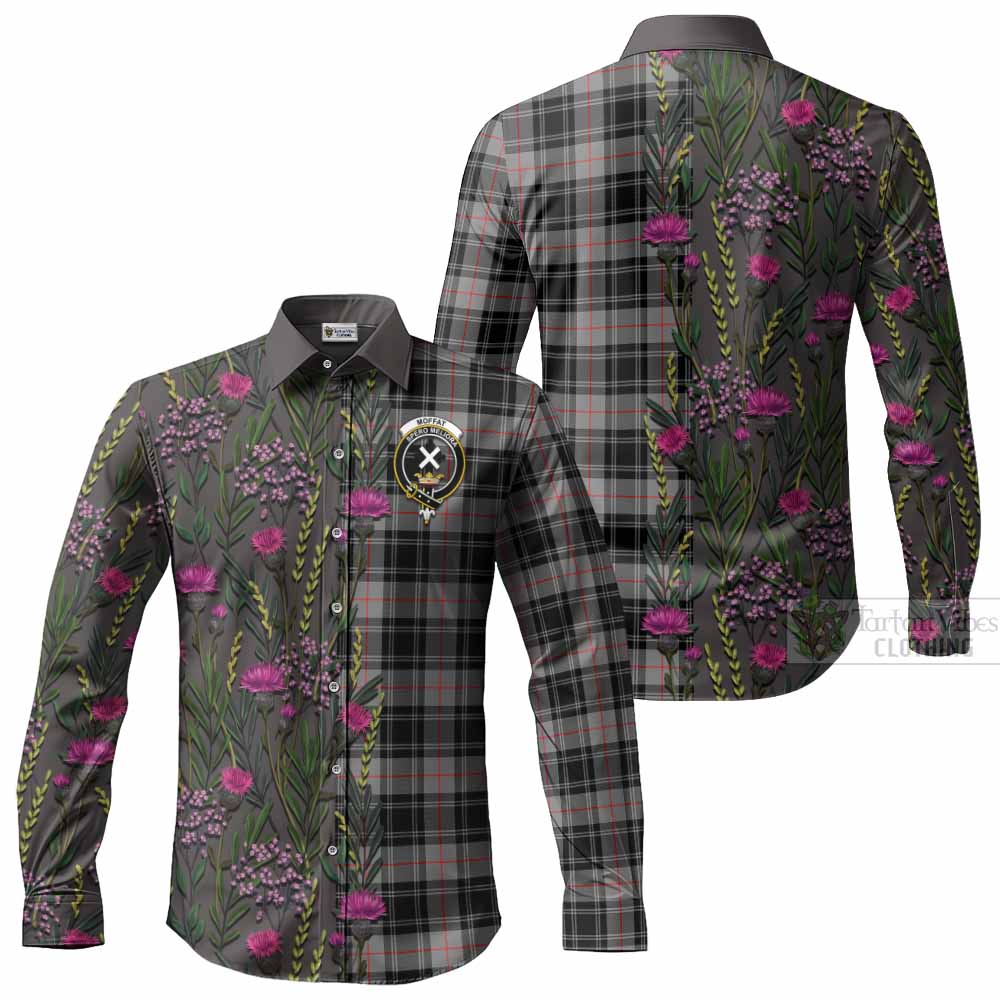 Moffat Family Crest Tartan Long Sleeve Button Shirts Scottish Thistle Flower Pattern Half Style - Tartan Vibes Clothing