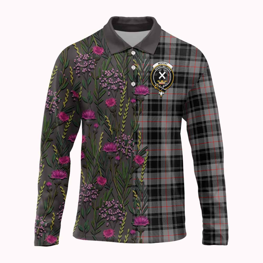 Moffat Family Crest Tartan Long Sleeve Polo Shirt Scottish Thistle Flower Pattern Half Style - Tartan Vibes Clothing