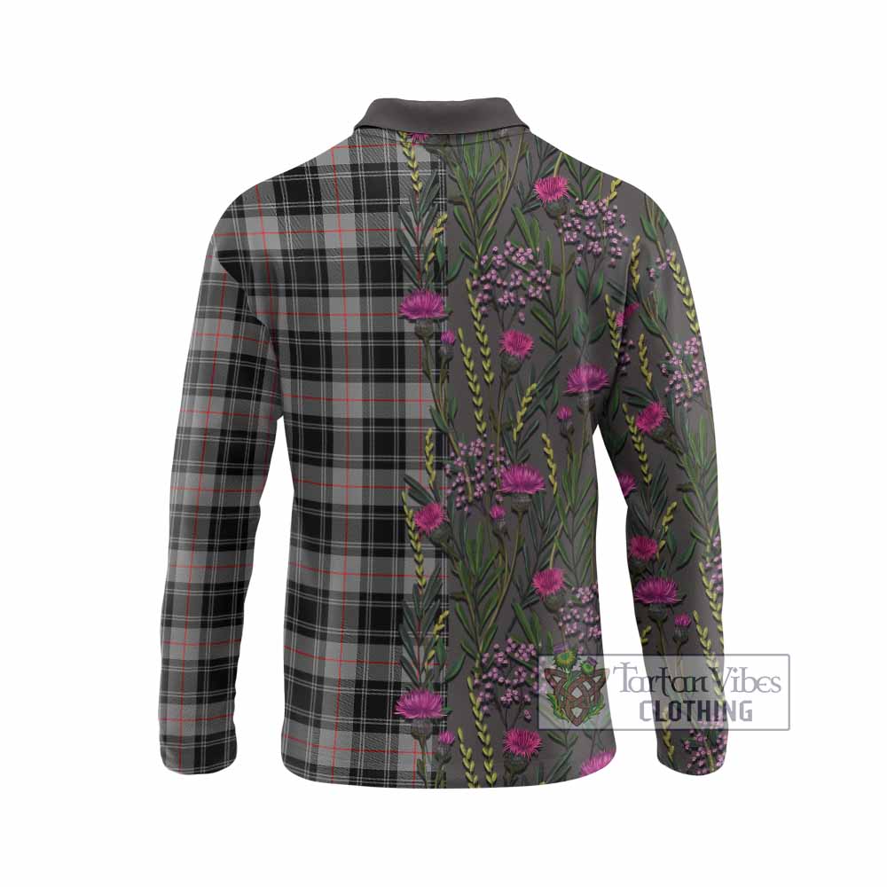 Moffat Family Crest Tartan Long Sleeve Polo Shirt Scottish Thistle Flower Pattern Half Style - Tartan Vibes Clothing