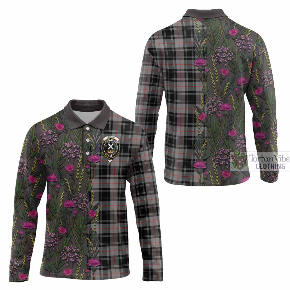 Moffat Family Crest Tartan Long Sleeve Polo Shirt Scottish Thistle Flower Pattern Half Style - Tartan Vibes Clothing