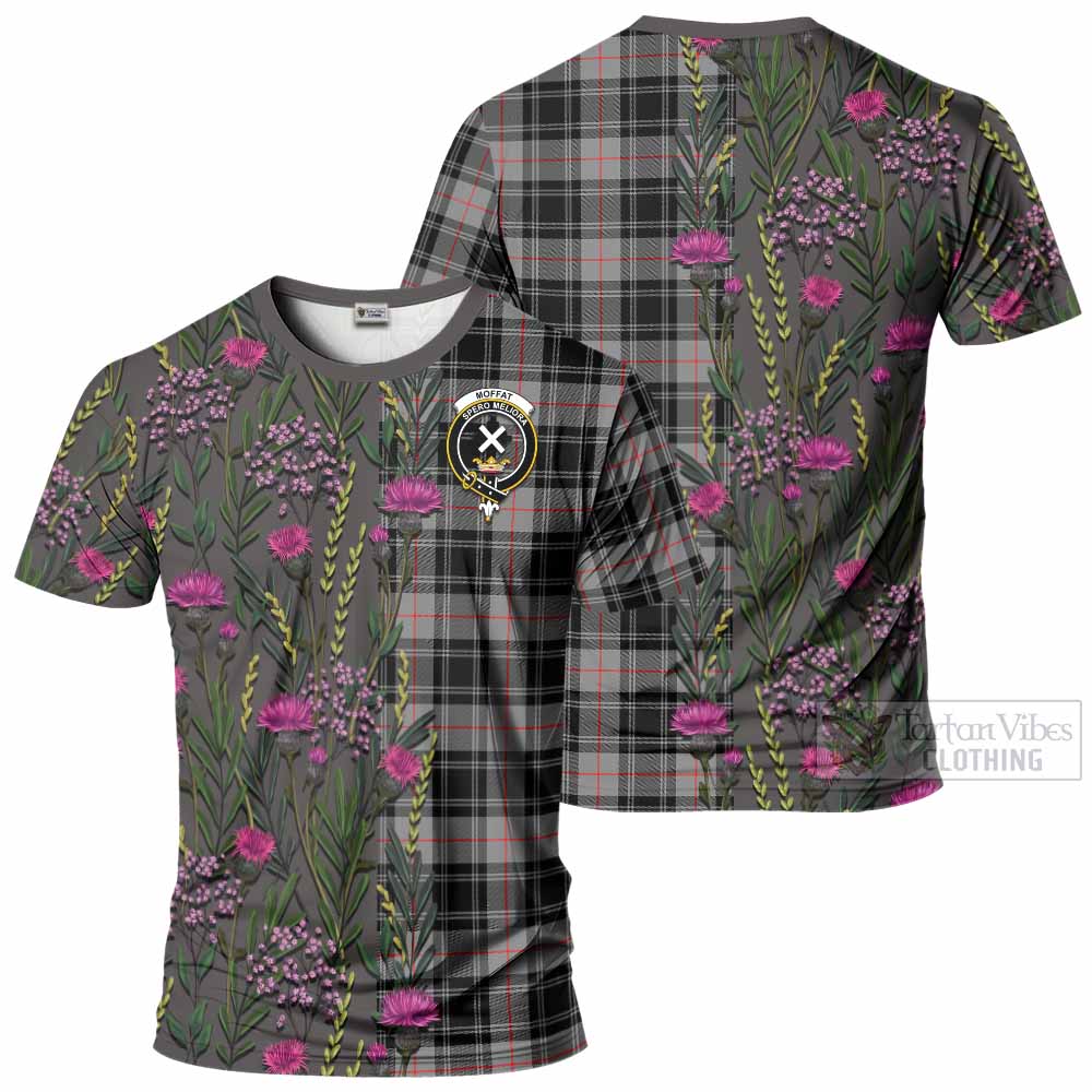 Moffat Family Crest Tartan T-Shirt Scottish Thistle Flower Pattern Half Style - Tartan Vibes Clothing