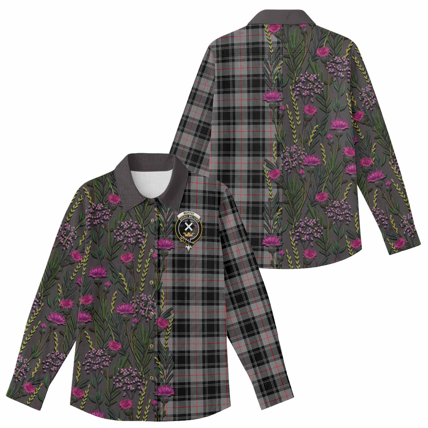 Moffat Family Crest Tartan Women Casual Shirt Scottish Thistle Flower Pattern Half Style - Tartan Vibes Clothing
