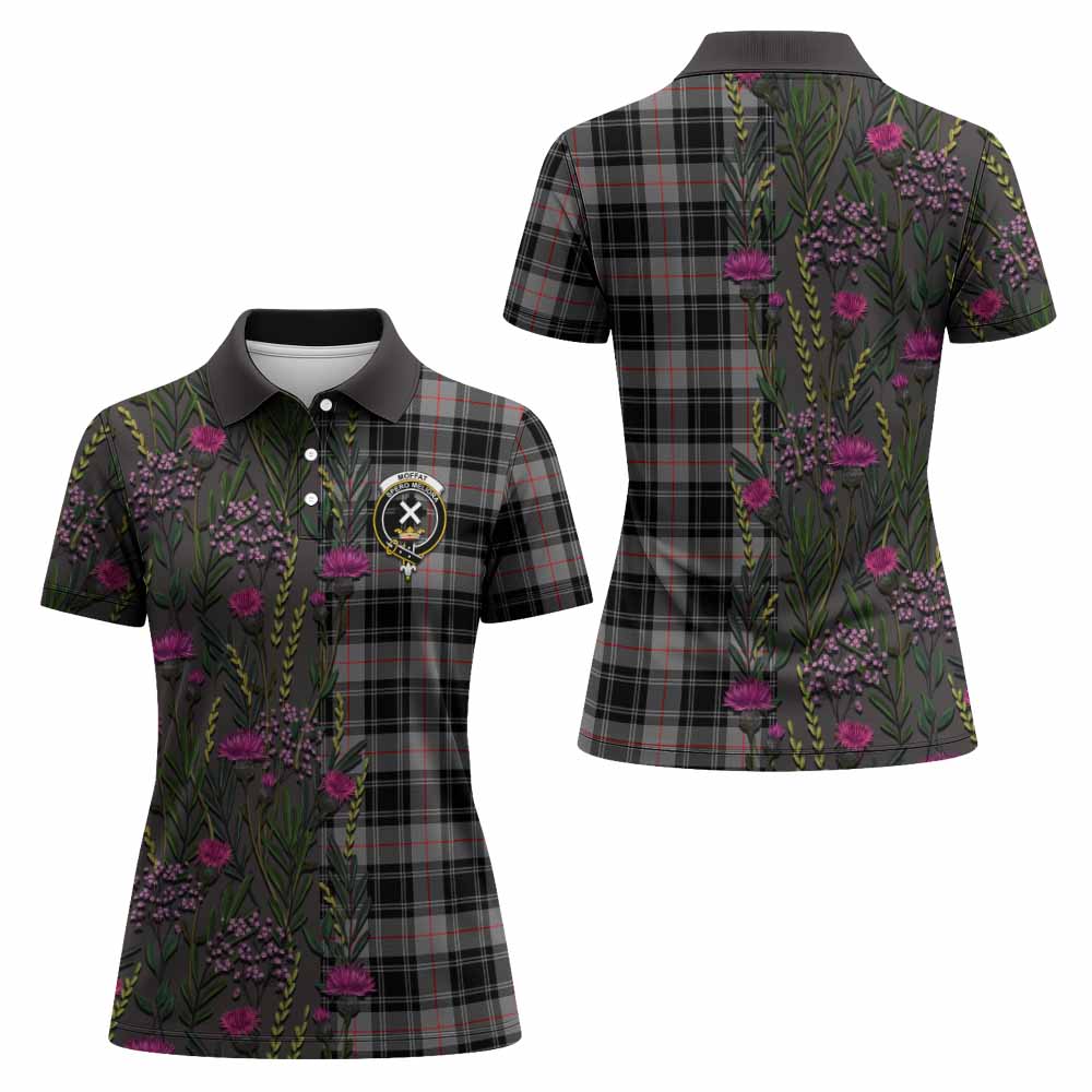 Moffat Family Crest Tartan Women Polo Shirt Scottish Thistle Flower Pattern Half Style - Tartan Vibes Clothing