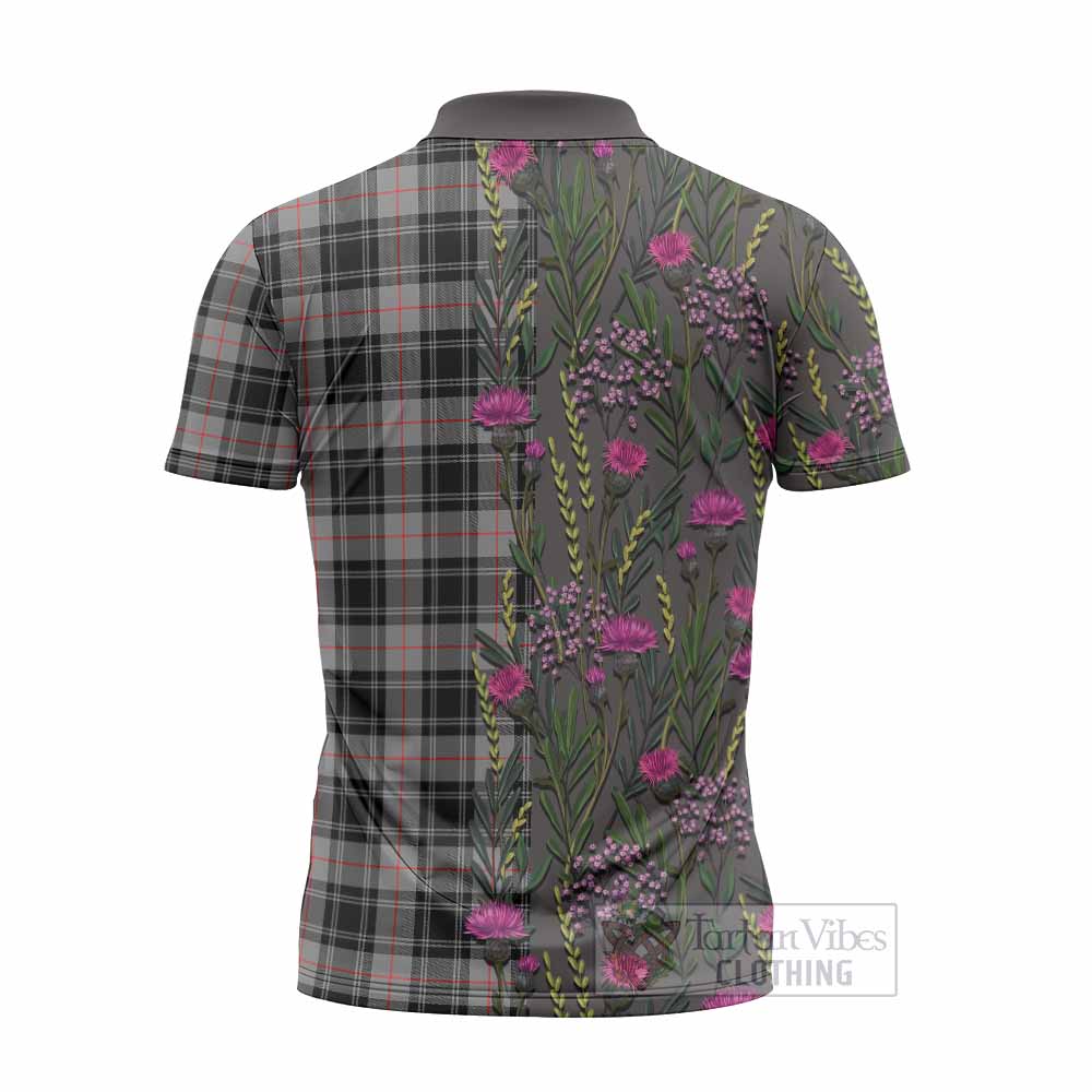 Moffat Family Crest Tartan Zipper Polo Shirt Scottish Thistle Flower Pattern Half Style - Tartan Vibes Clothing