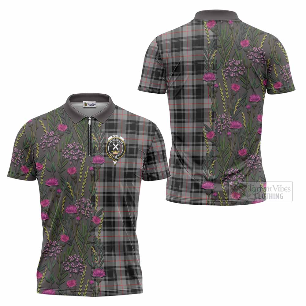 Moffat Family Crest Tartan Zipper Polo Shirt Scottish Thistle Flower Pattern Half Style - Tartan Vibes Clothing