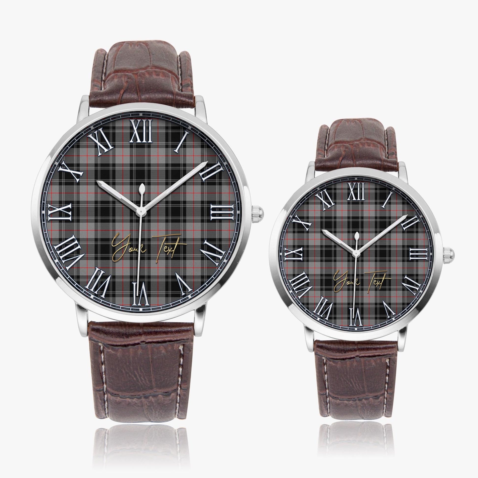 Moffat Modern Tartan Personalized Your Text Leather Trap Quartz Watch Ultra Thin Silver Case With Brown Leather Strap - Tartanvibesclothing
