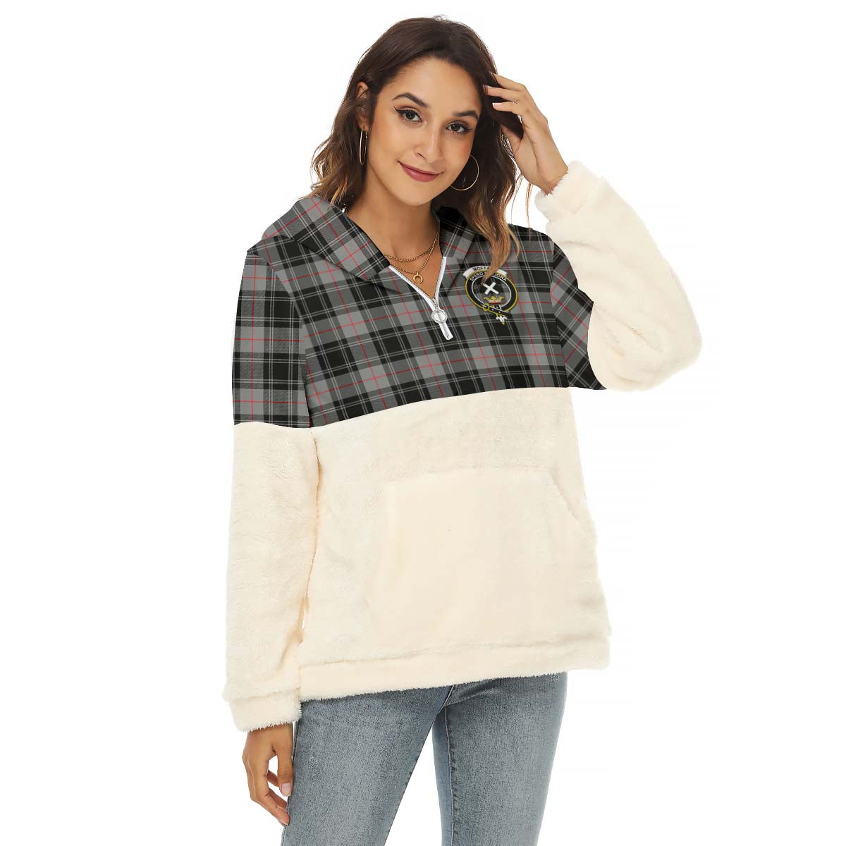 Moffat Tartan Women's Borg Fleece Hoodie With Half Zip with Family Crest Female - Tartan Vibes Clothing