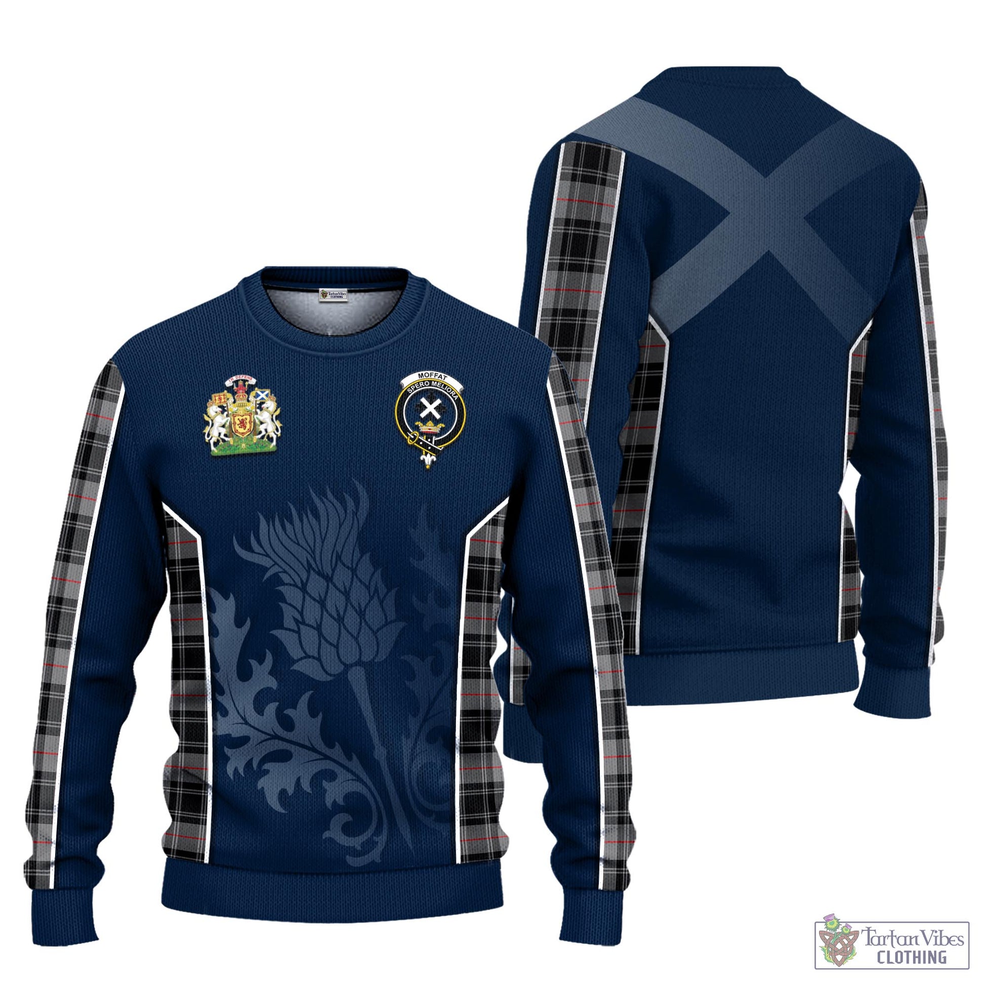 Tartan Vibes Clothing Moffat Modern Tartan Knitted Sweatshirt with Family Crest and Scottish Thistle Vibes Sport Style