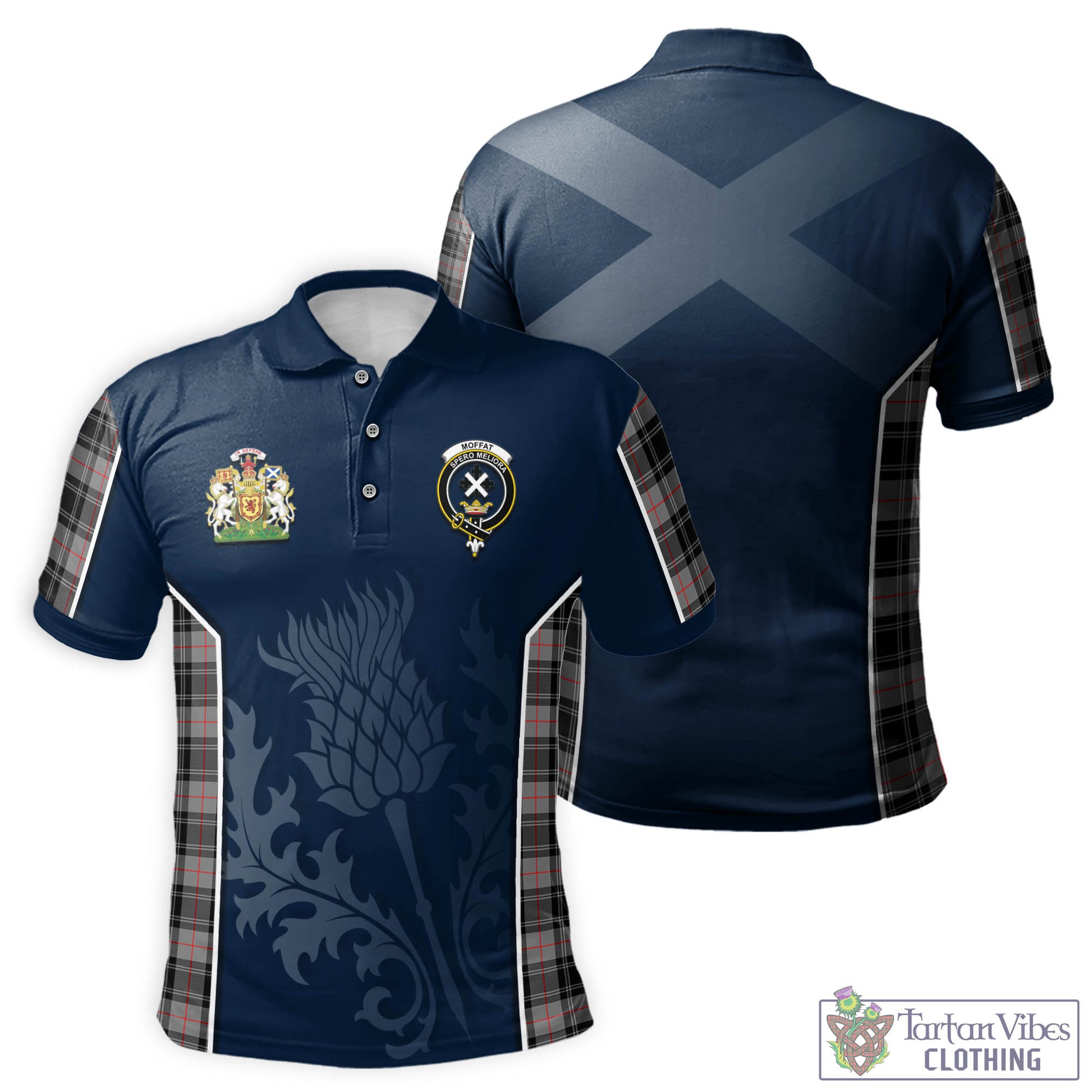 Tartan Vibes Clothing Moffat Modern Tartan Men's Polo Shirt with Family Crest and Scottish Thistle Vibes Sport Style