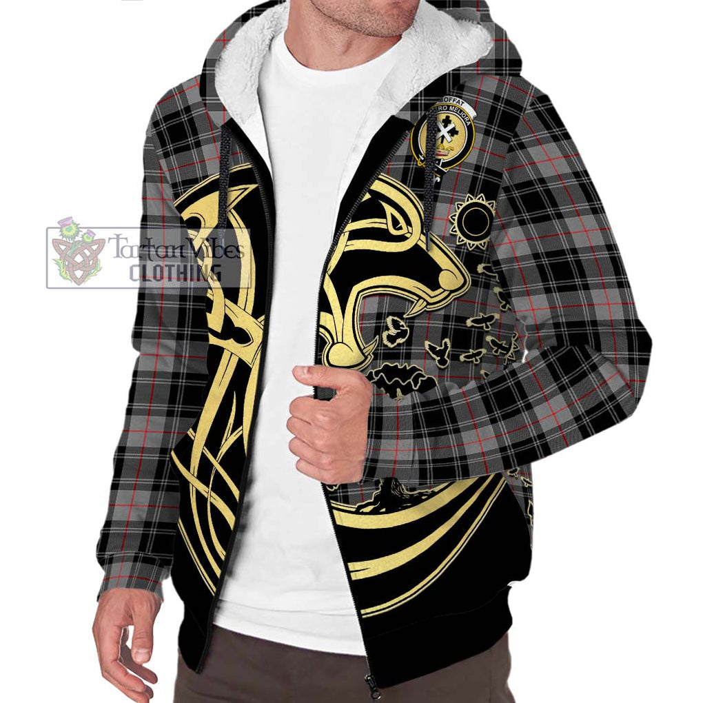 Moffat Tartan Sherpa Hoodie with Family Crest Celtic Wolf Style Unisex S - Tartan Vibes Clothing
