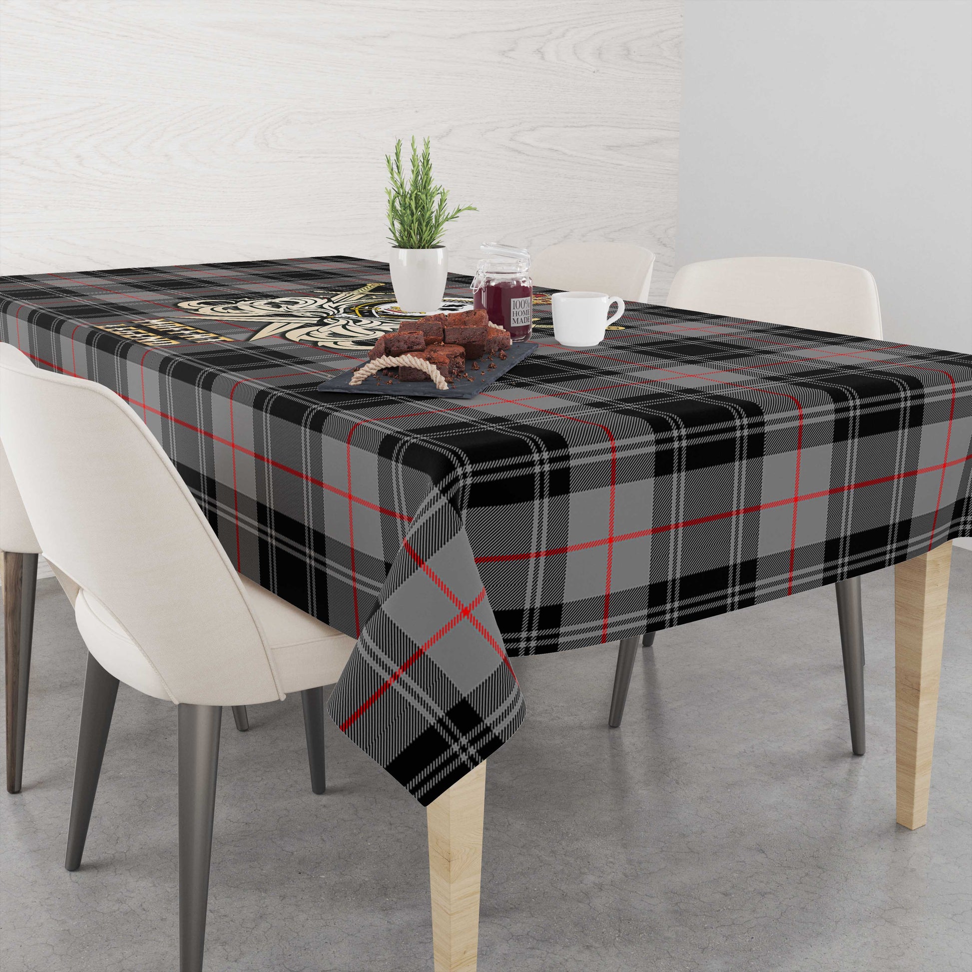 Tartan Vibes Clothing Moffat Modern Tartan Tablecloth with Clan Crest and the Golden Sword of Courageous Legacy