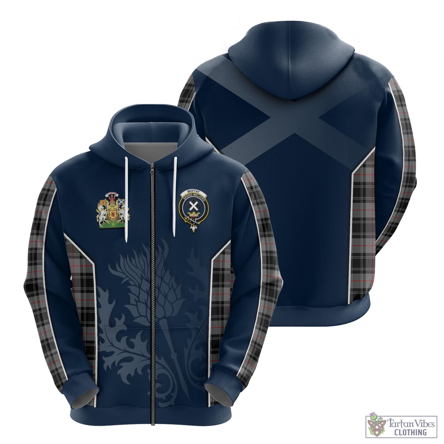 Tartan Vibes Clothing Moffat Modern Tartan Hoodie with Family Crest and Scottish Thistle Vibes Sport Style