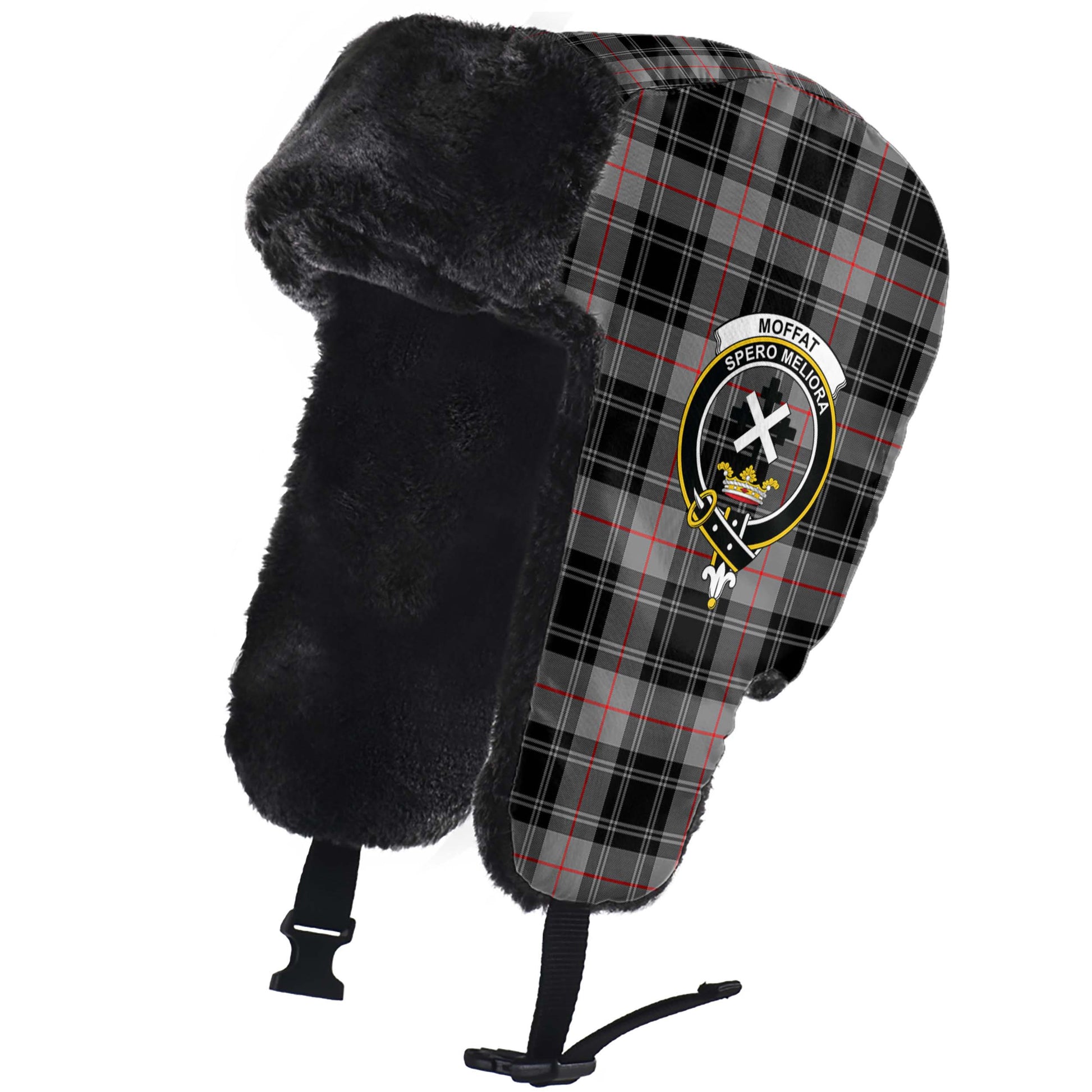 Moffat Modern Tartan Winter Trapper Hat with Family Crest - Tartanvibesclothing
