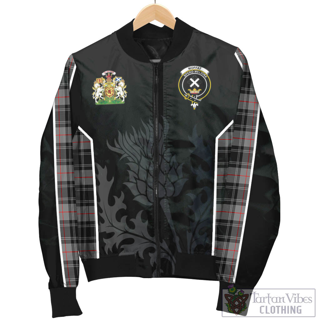 Tartan Vibes Clothing Moffat Modern Tartan Bomber Jacket with Family Crest and Scottish Thistle Vibes Sport Style