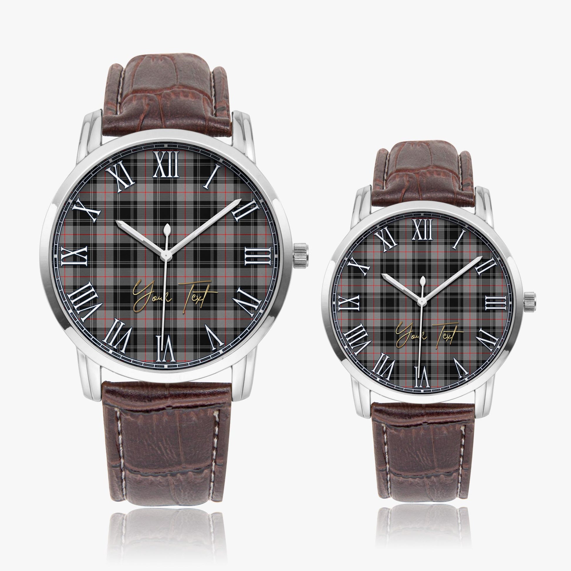 Moffat Modern Tartan Personalized Your Text Leather Trap Quartz Watch Wide Type Silver Case With Brown Leather Strap - Tartanvibesclothing