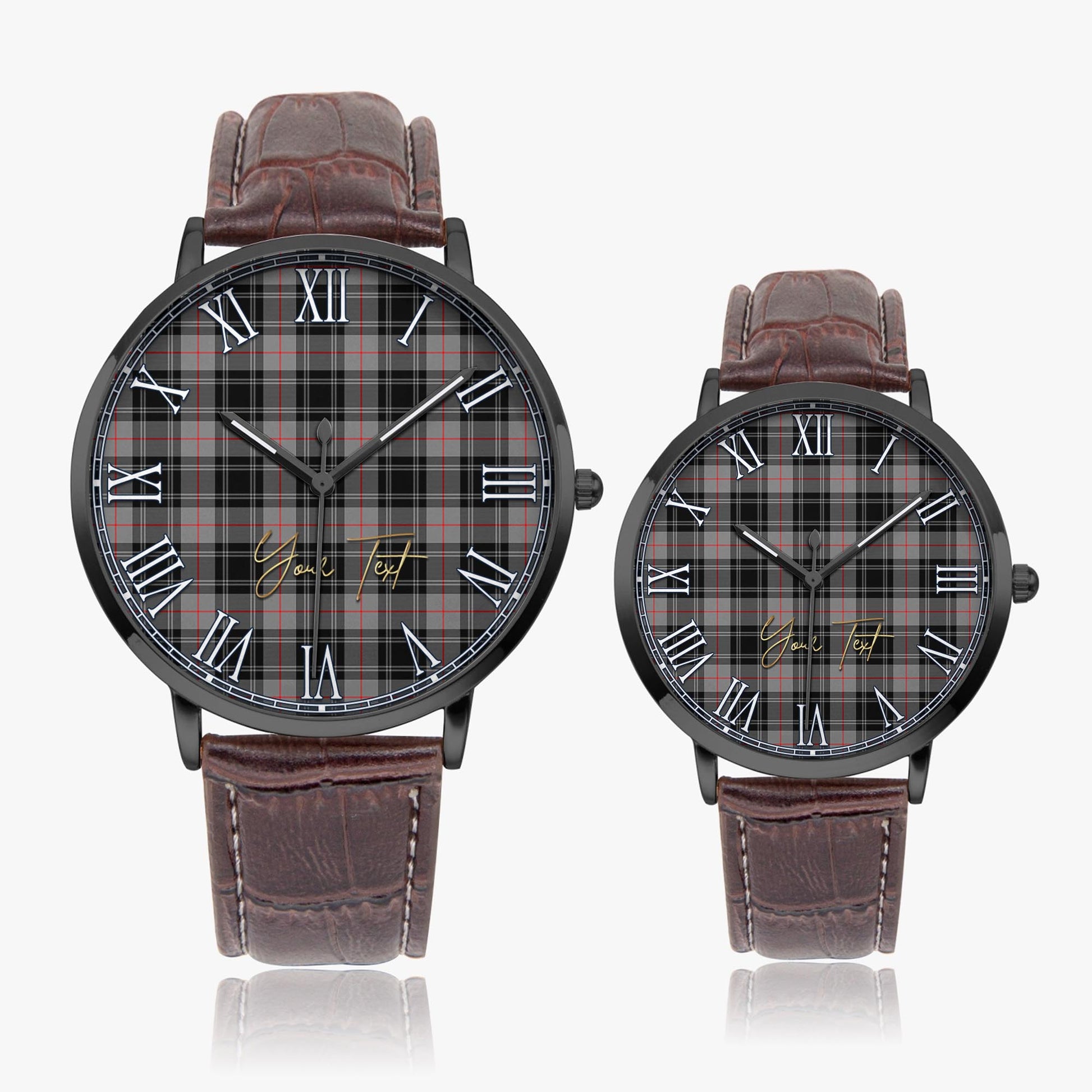 Moffat Modern Tartan Personalized Your Text Leather Trap Quartz Watch Ultra Thin Black Case With Brown Leather Strap - Tartanvibesclothing