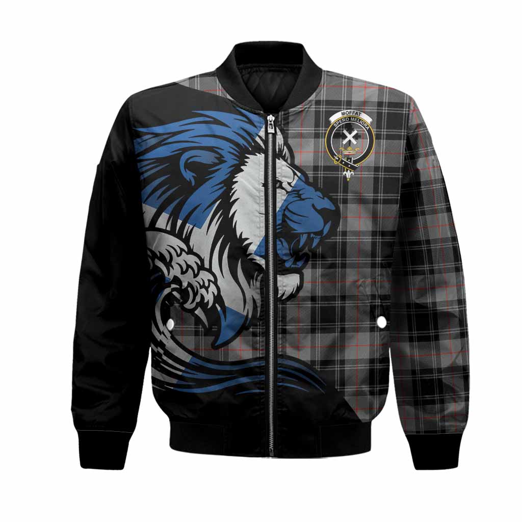 Moffat Tartan Crest Bomber Jacket Scottish Golden Lions Wave Flow
