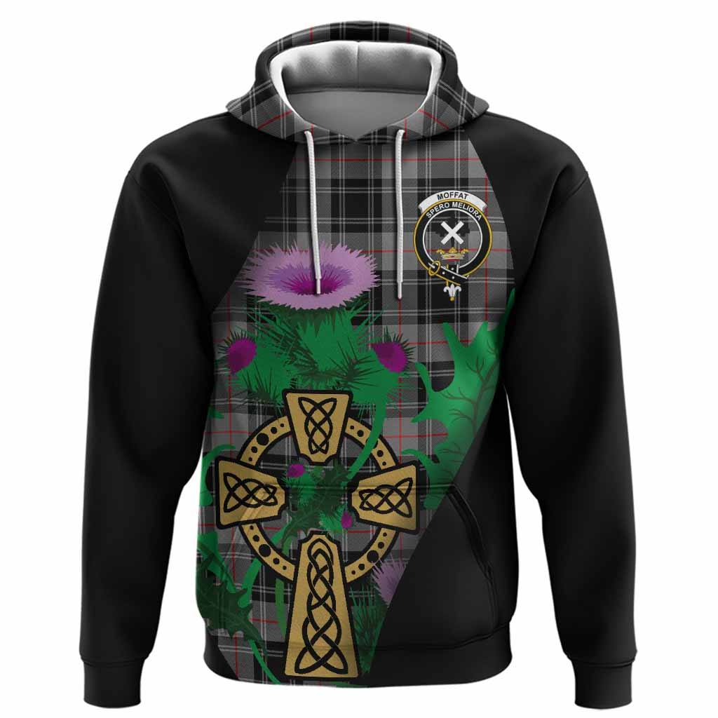 Moffat Tartan Crest Hoodie Celtic Cross Thistle Flowers