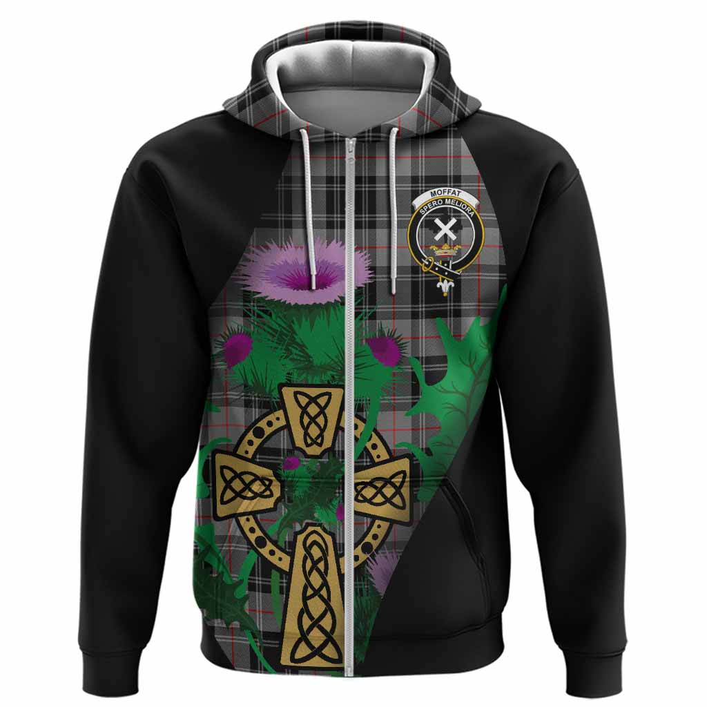 Moffat Tartan Crest Hoodie Celtic Cross Thistle Flowers