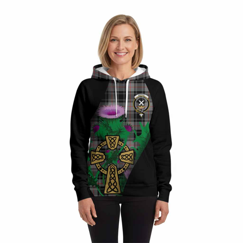 Moffat Tartan Crest Hoodie Celtic Cross Thistle Flowers