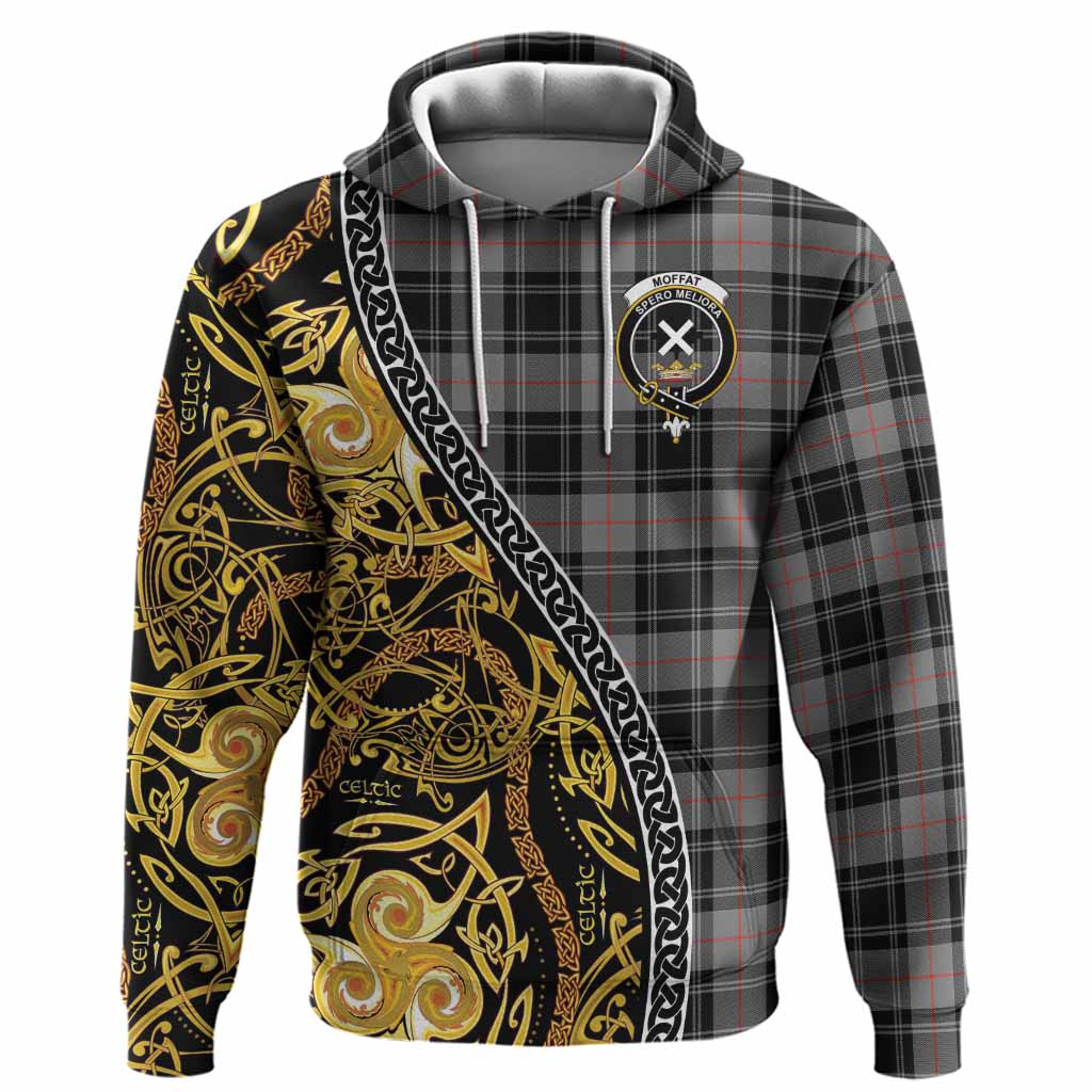 Moffat Tartan Crest Hoodie Celtic Knot and Triple Trickle Spiral Symbols