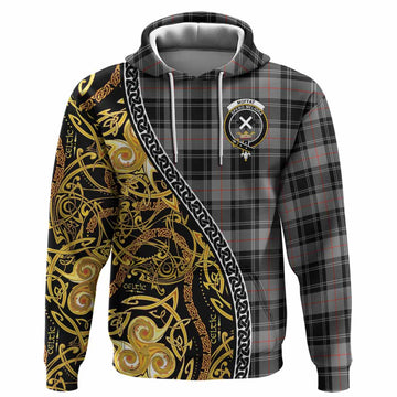 Moffat Tartan Crest Hoodie Celtic Knot and Triple Trickle Spiral Symbols