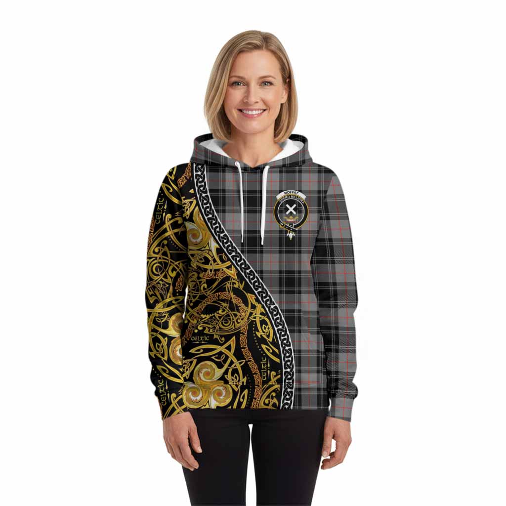 Moffat Tartan Crest Hoodie Celtic Knot and Triple Trickle Spiral Symbols
