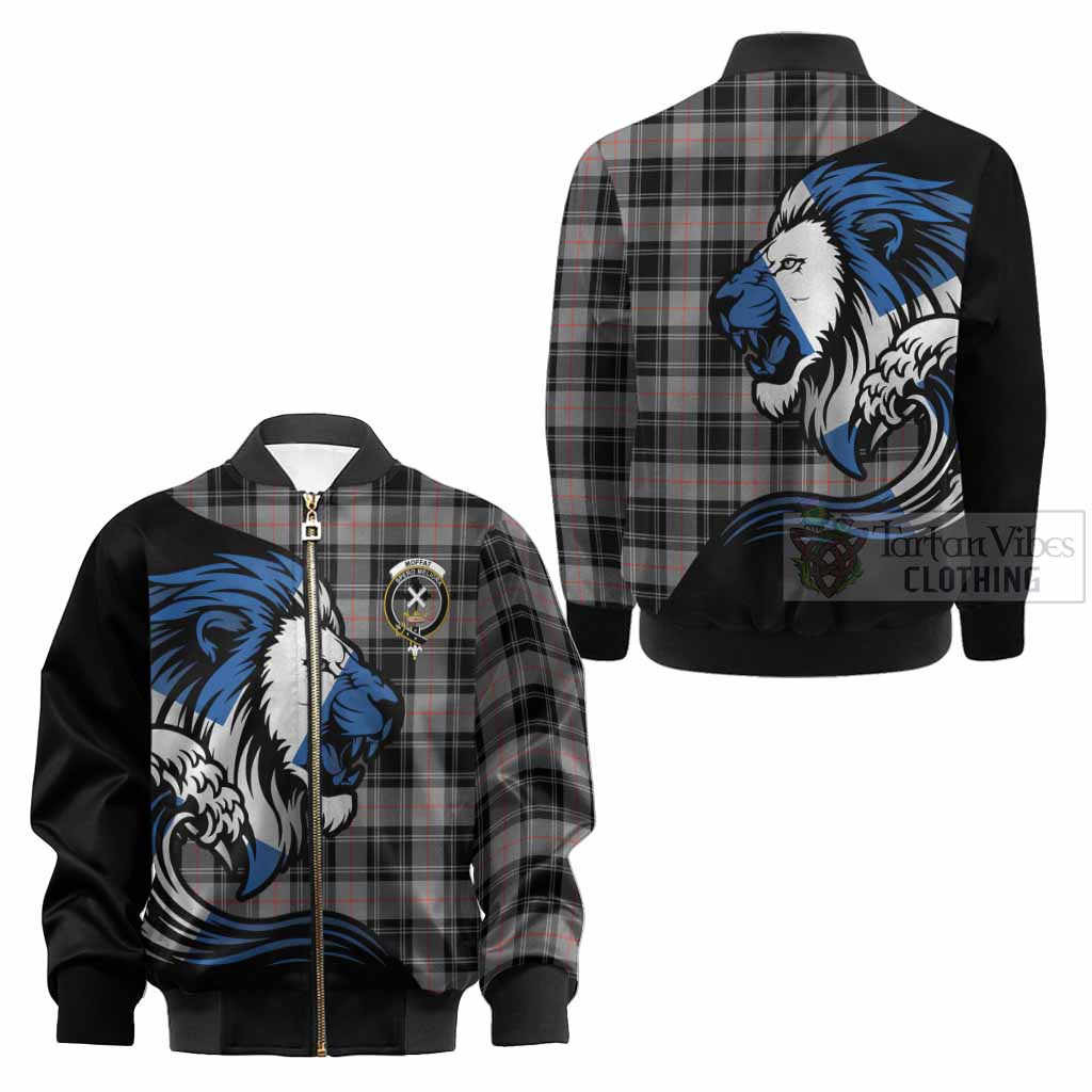 Moffat Tartan Crest Kid Bomber Jacket Scottish Golden Lions Wave Flow