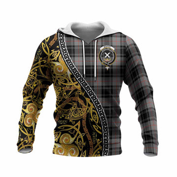Moffat Tartan Crest Knitted Hoodie Celtic Knot and Triple Trickle Spiral Symbols