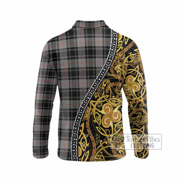 Moffat Tartan Crest Long Sleeve Polo Shirt Celtic Knot and Triple Trickle Spiral Symbols