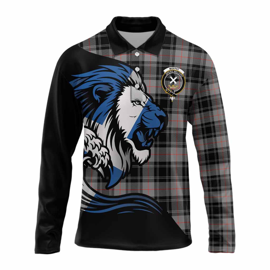 Moffat Tartan Crest Long Sleeve Polo Shirt Scottish Golden Lions Wave Flow
