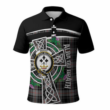 Moffat Tartan Crest Polo Shirt Scottish Thistle Celtic Cross Alba Gu Brath