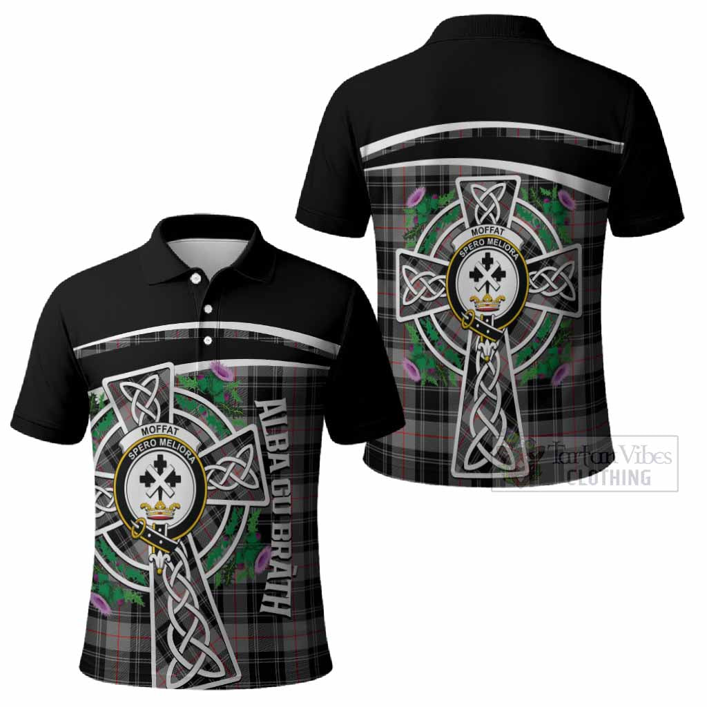 Moffat Tartan Crest Polo Shirt Scottish Thistle Celtic Cross Alba Gu Brath