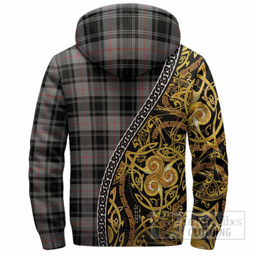 Moffat Tartan Crest Sherpa Hoodie Celtic Knot and Triple Trickle Spiral Symbols