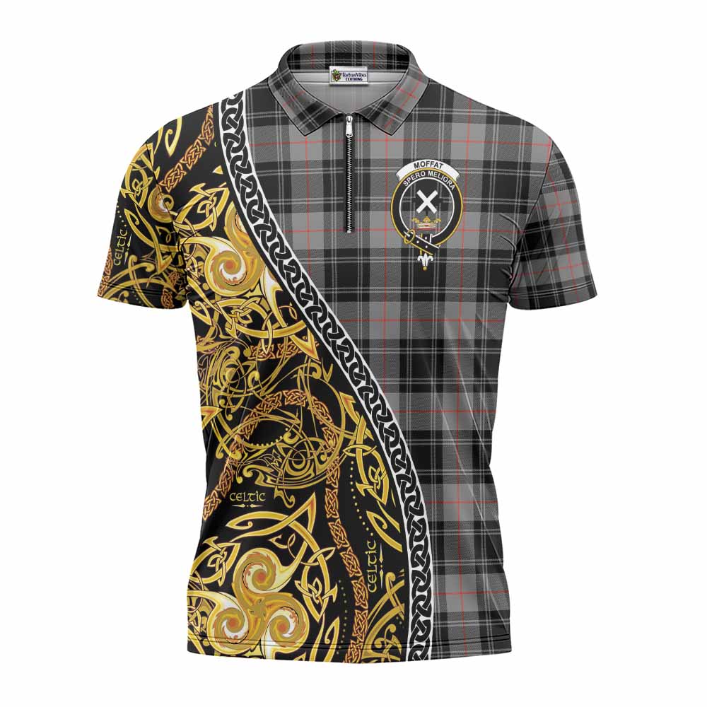 Moffat Tartan Crest Zipper Polo Shirt Celtic Knot and Triple Trickle Spiral Symbols