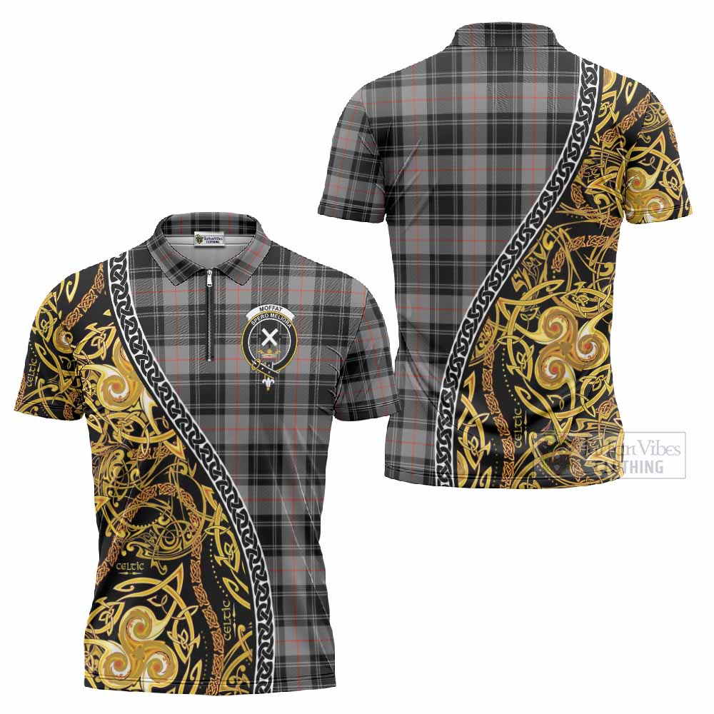 Moffat Tartan Crest Zipper Polo Shirt Celtic Knot and Triple Trickle Spiral Symbols