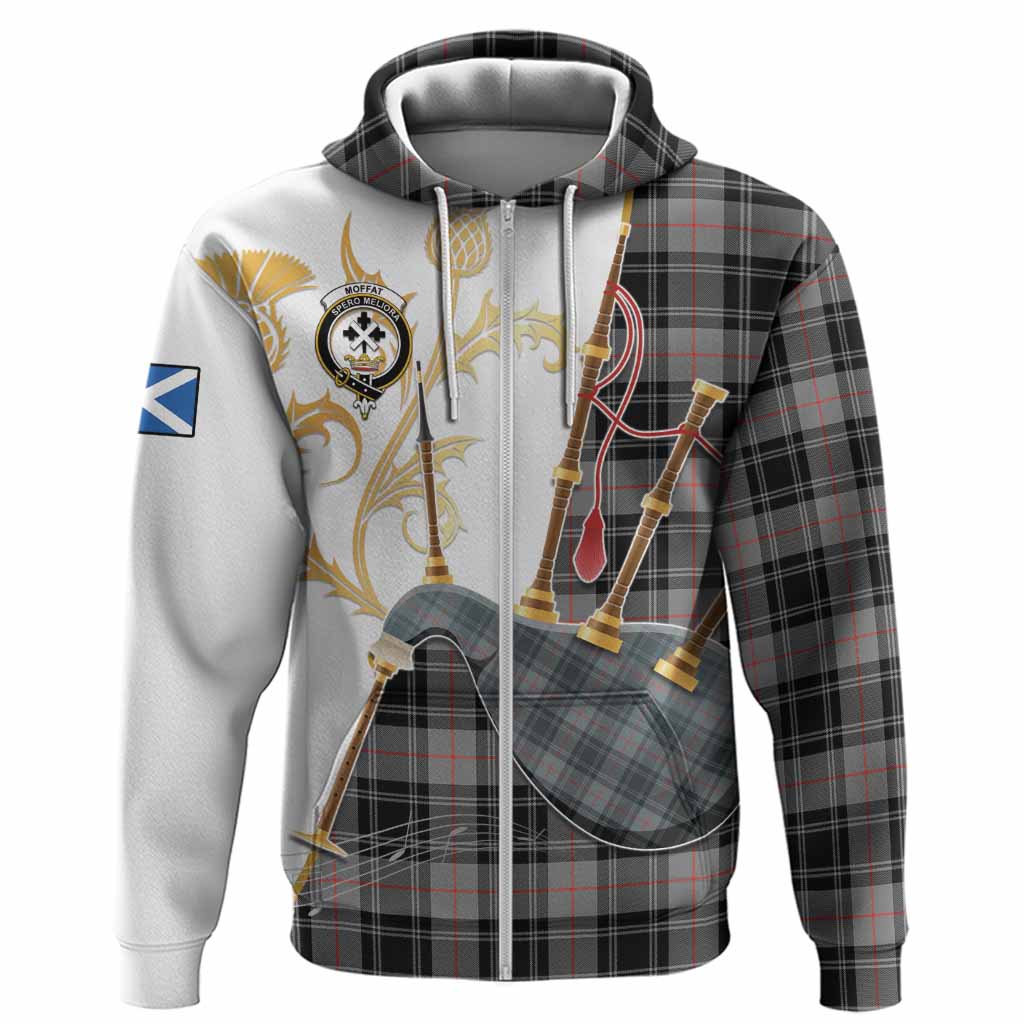 Moffat Tartan Family Crest Hoodie Bagpipes with Scottish Thistle
