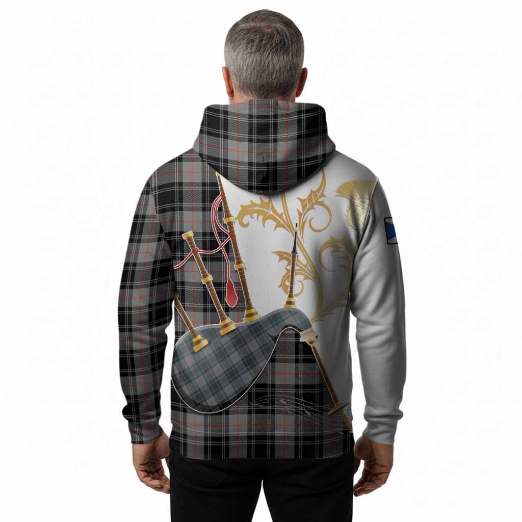 Moffat Tartan Family Crest Hoodie Bagpipes with Scottish Thistle