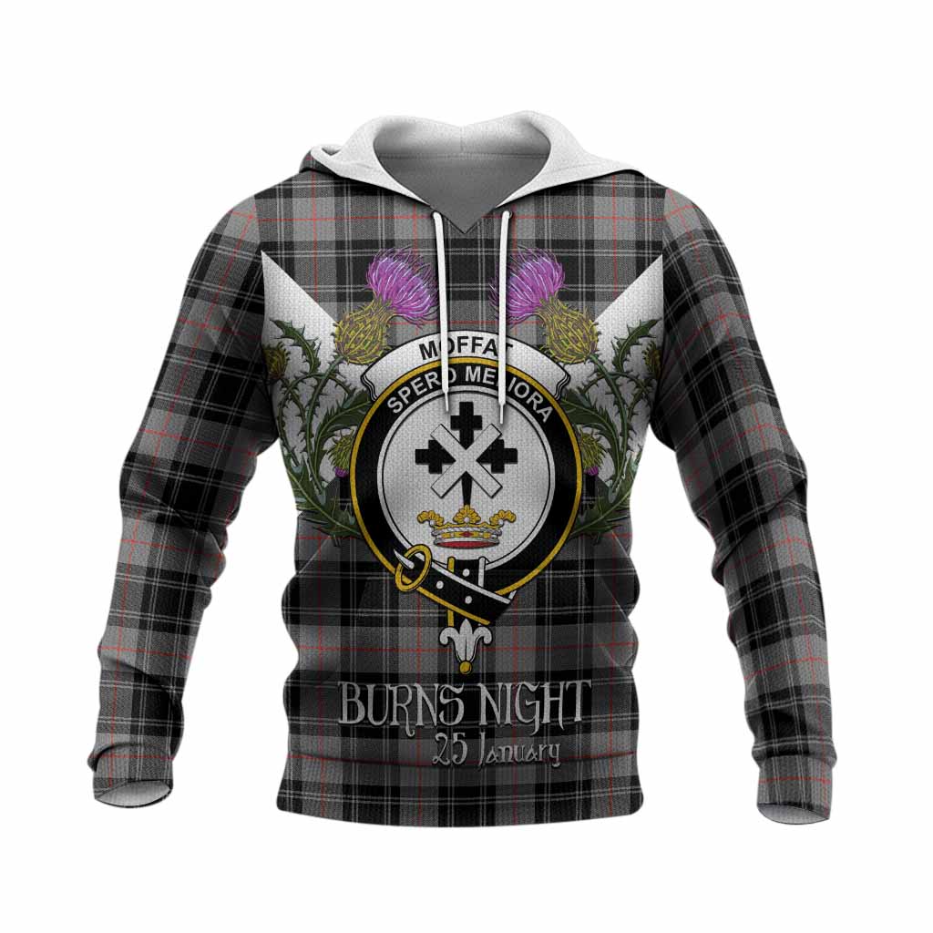 Moffat Tartan Family Crest Knitted Hoodie Scottish Burns Night Thistle Floral