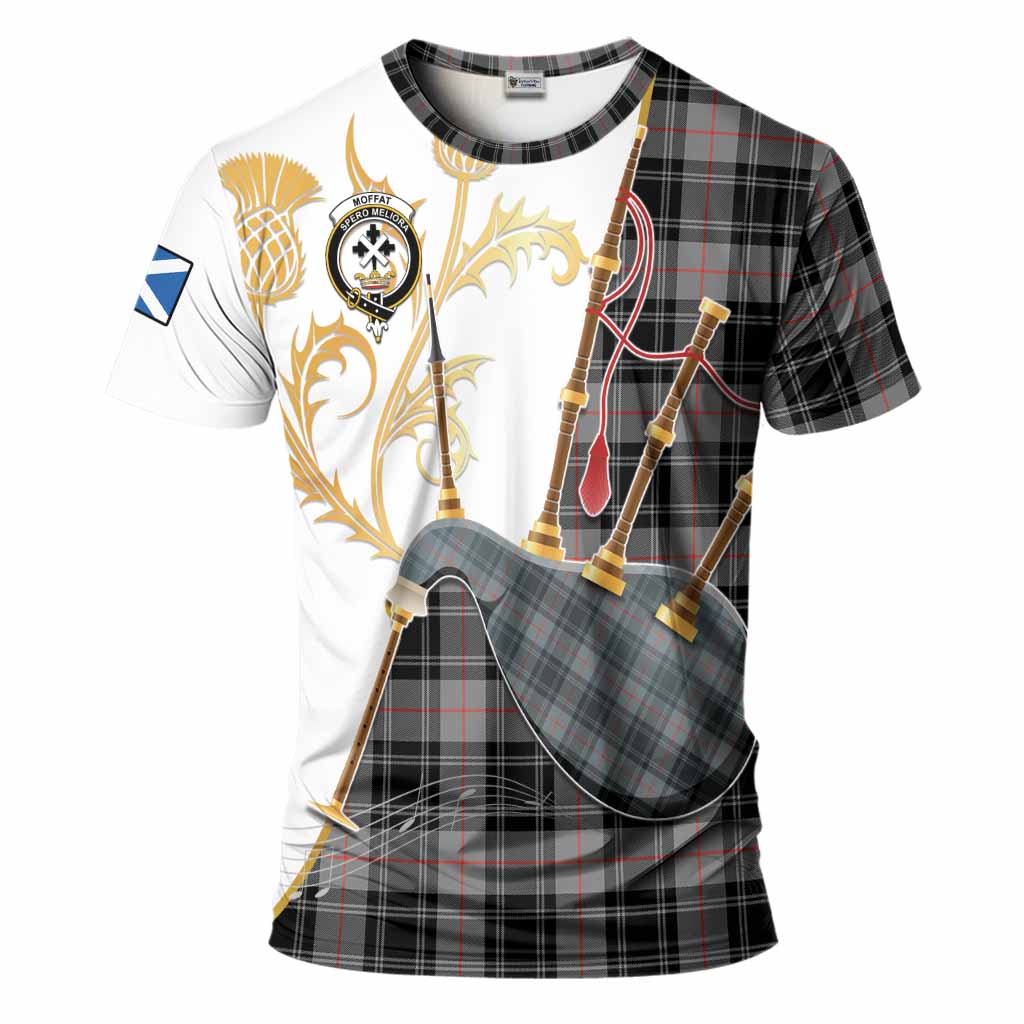 Moffat Tartan Family Crest T-Shirt Bagpipes with Scottish Thistle