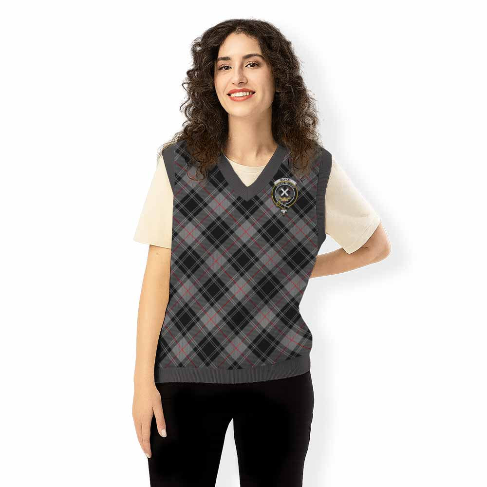 Moffat Tartan Knitted V-Neck Vest with Family Crest Cross Style