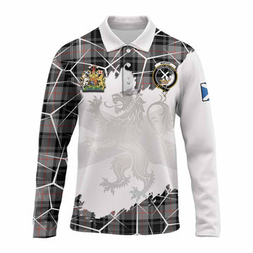 Moffat Tartan Long Sleeve Polo Shirt with Family Crest and Lion Rampant Grunge Style
