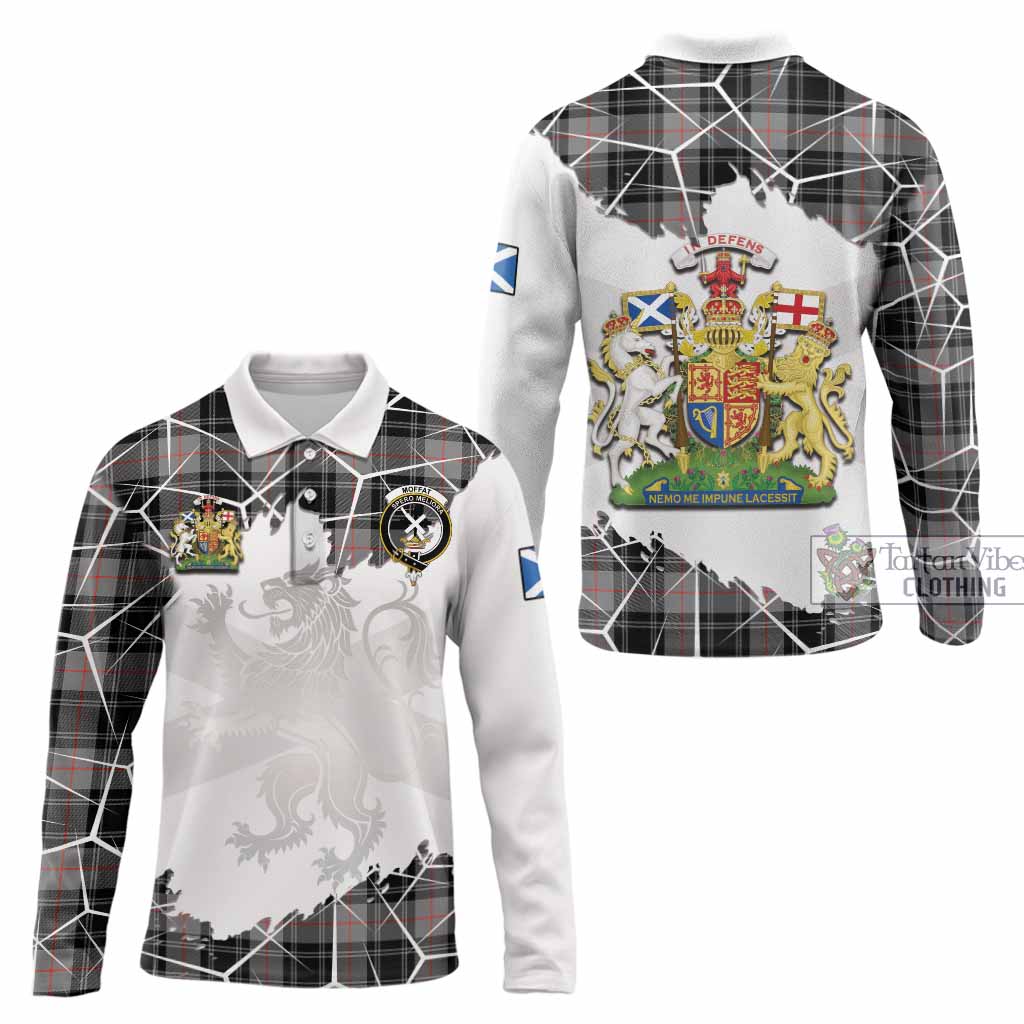 Moffat Tartan Long Sleeve Polo Shirt with Family Crest and Lion Rampant Grunge Style