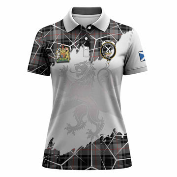 Moffat Tartan Women Polo Shirt with Family Crest and Lion Rampant Grunge Style