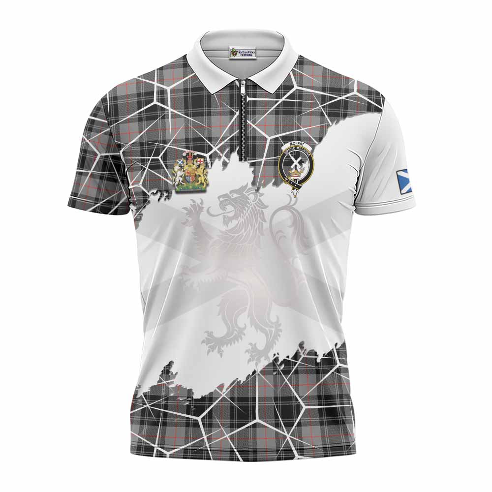 Moffat Tartan Zipper Polo Shirt with Family Crest and Lion Rampant Grunge Style