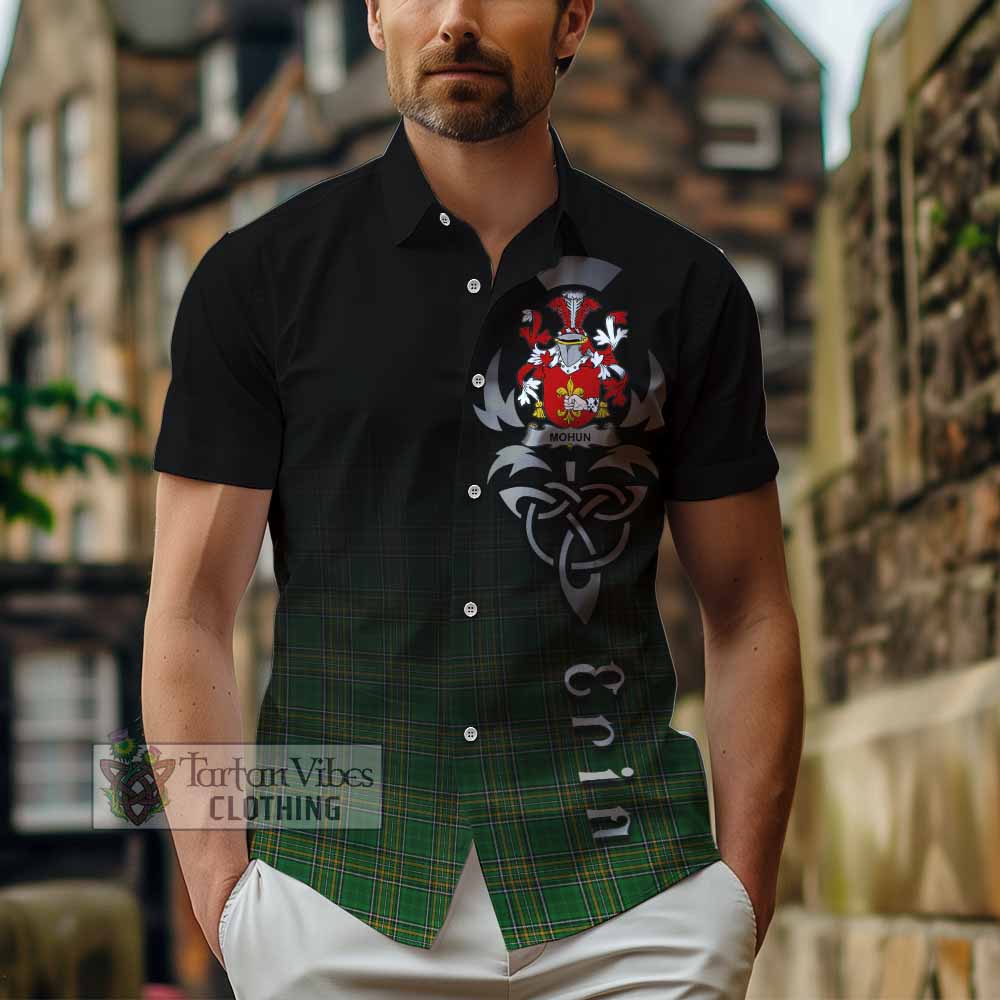 Tartan Vibes Clothing Mohun Irish Clan Short Sleeve Button Shirt with Coat of Arms Erin Go Bragh Celtic Inspired