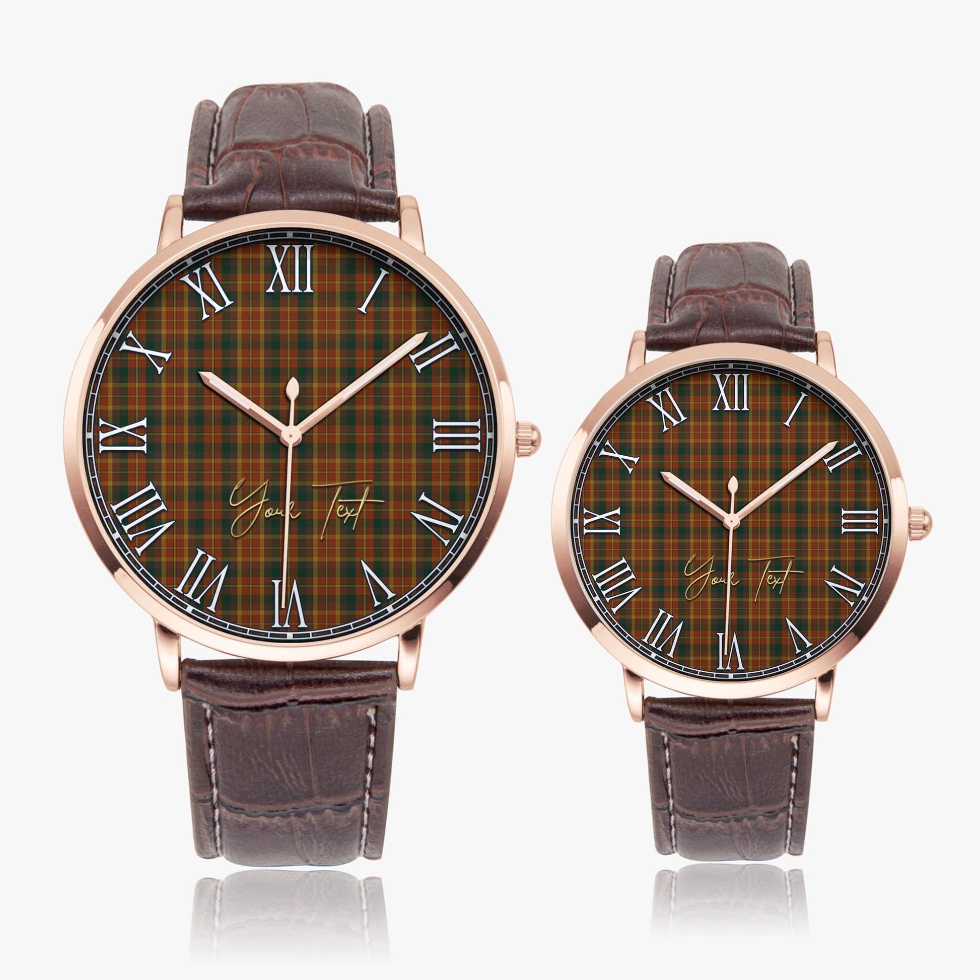 Monaghan County Ireland Tartan Personalized Your Text Leather Trap Quartz Watch Ultra Thin Rose Gold Case With Brown Leather Strap - Tartanvibesclothing