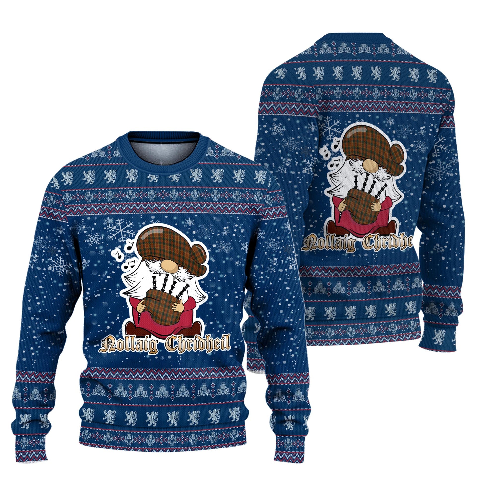 Monaghan County Ireland Clan Christmas Family Knitted Sweater with Funny Gnome Playing Bagpipes Unisex Blue - Tartanvibesclothing