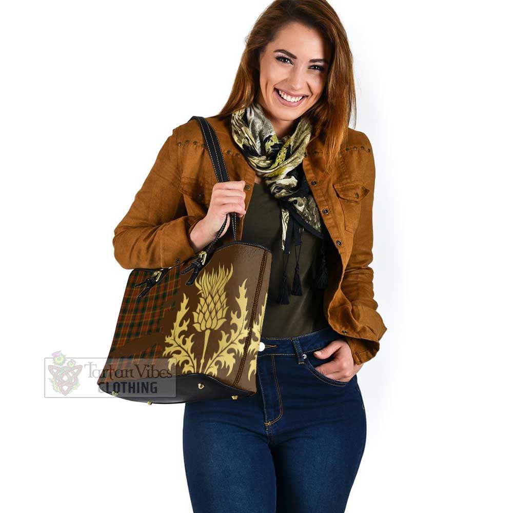 Tartan Vibes Clothing Monaghan County Ireland Tartan Leather Tote Bag Gold Thistle Style